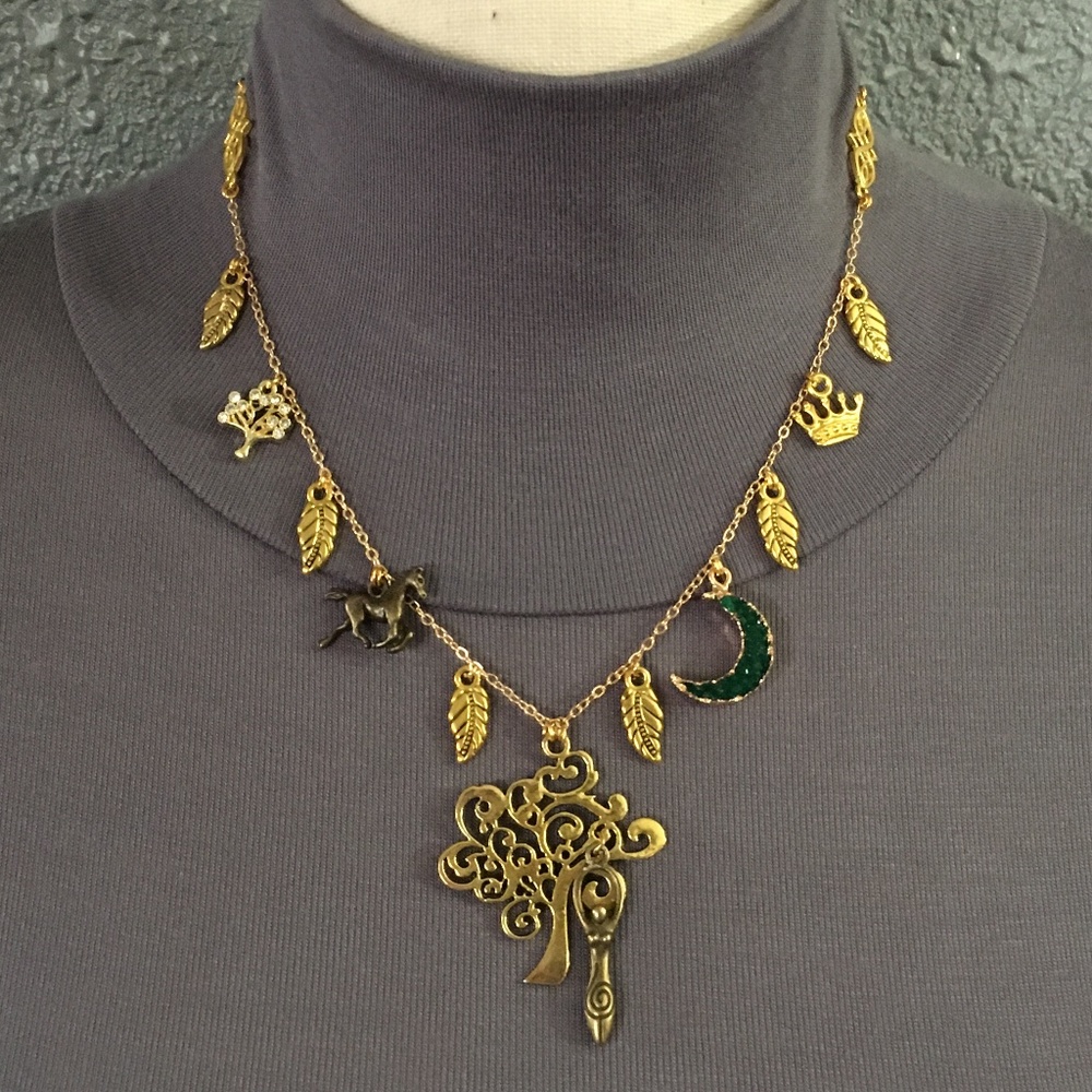 Danu Celtic Forest Goddess Handmade Necklace, Gold Tree, Green Druzy Moon, Crown - Picture 3 of 15